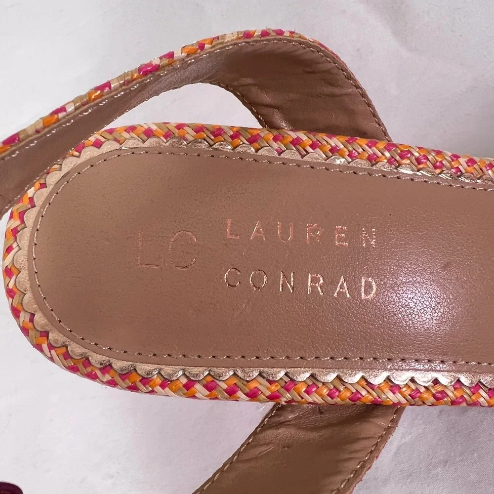 LC Lauren Conrad Wedge Sandals 10 Coral Woven Cork Strappy Boho Summer 160089